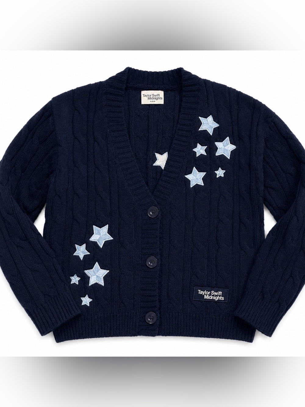 Taylor Swift Navy Cable Knit Cardigan with Light Blue Star Patches